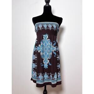 Vtg Y2K Rhapsody Brown Blue Paisley Babydoll Strapless Dress
